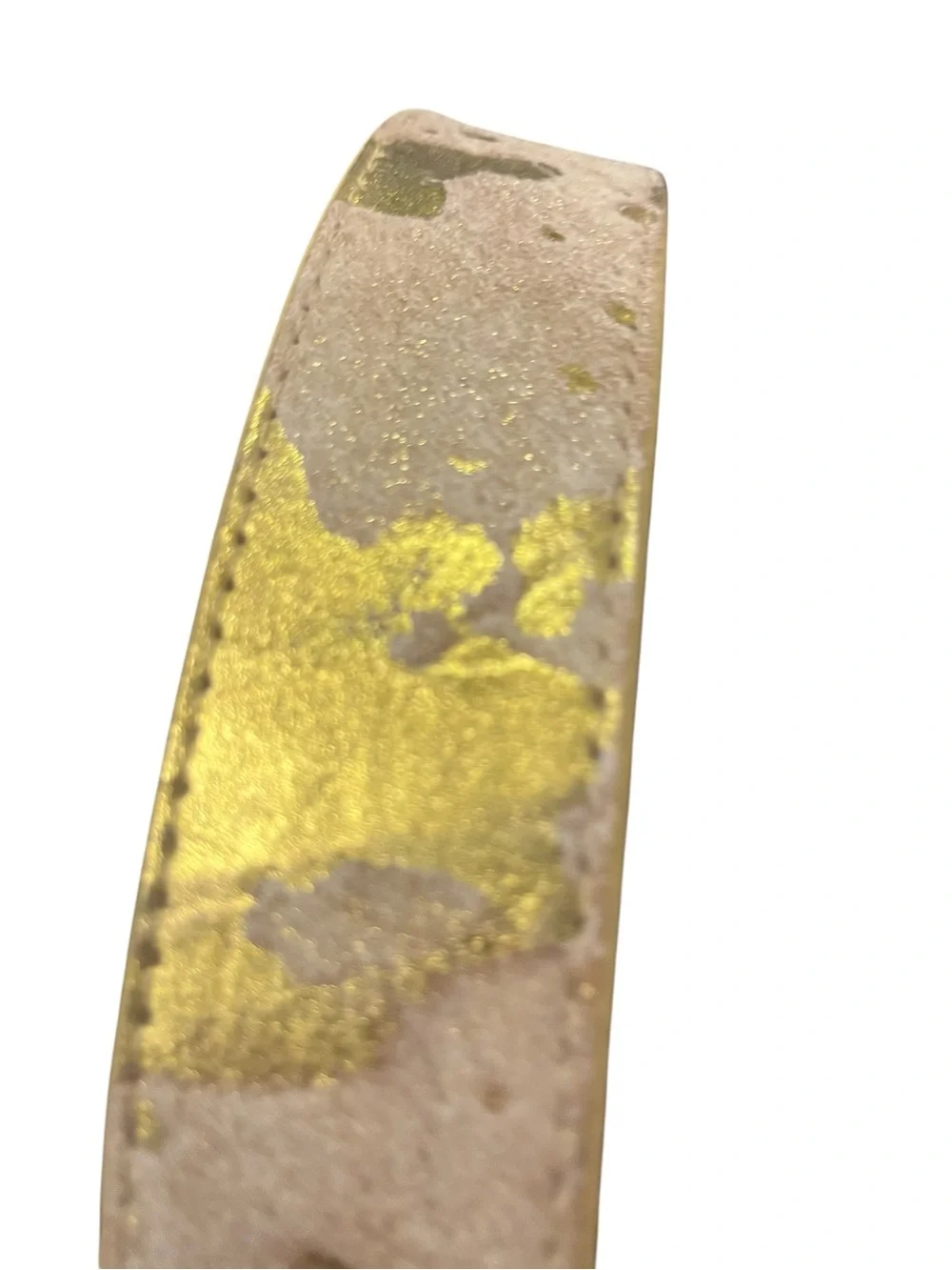 Neutral Gold Accent Cowhide Leather Fur Belt with Antiqued Brass Buckle